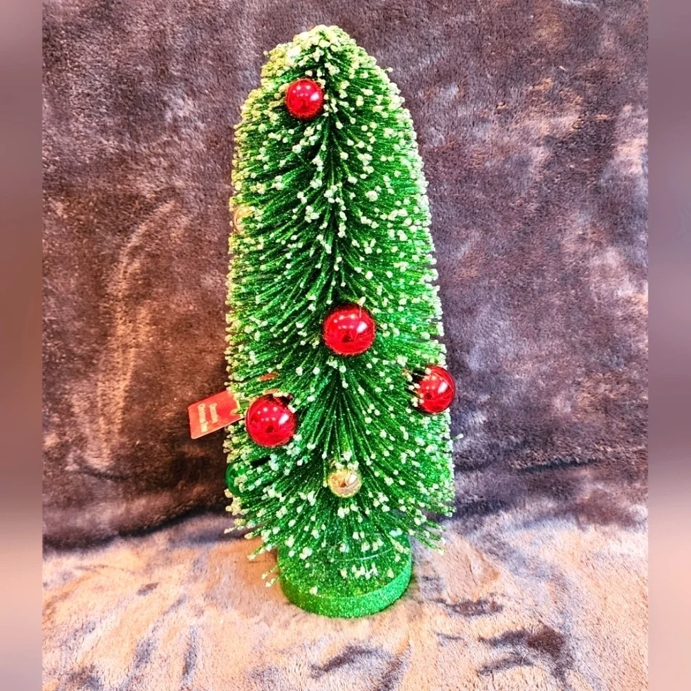 New exclusive sisal bottle brush green Christmas tree with ornaments, 13 in long